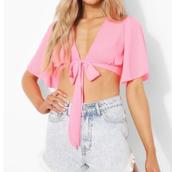 Barbie Pink Angel Sleeve Tie Front Crop Top Size 8 Y2K - Picture 2 of 9